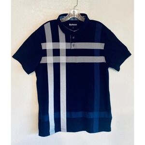 Barbour Mens XL Navy Blue Graphic Check Polo Shirt Short Sleeve
